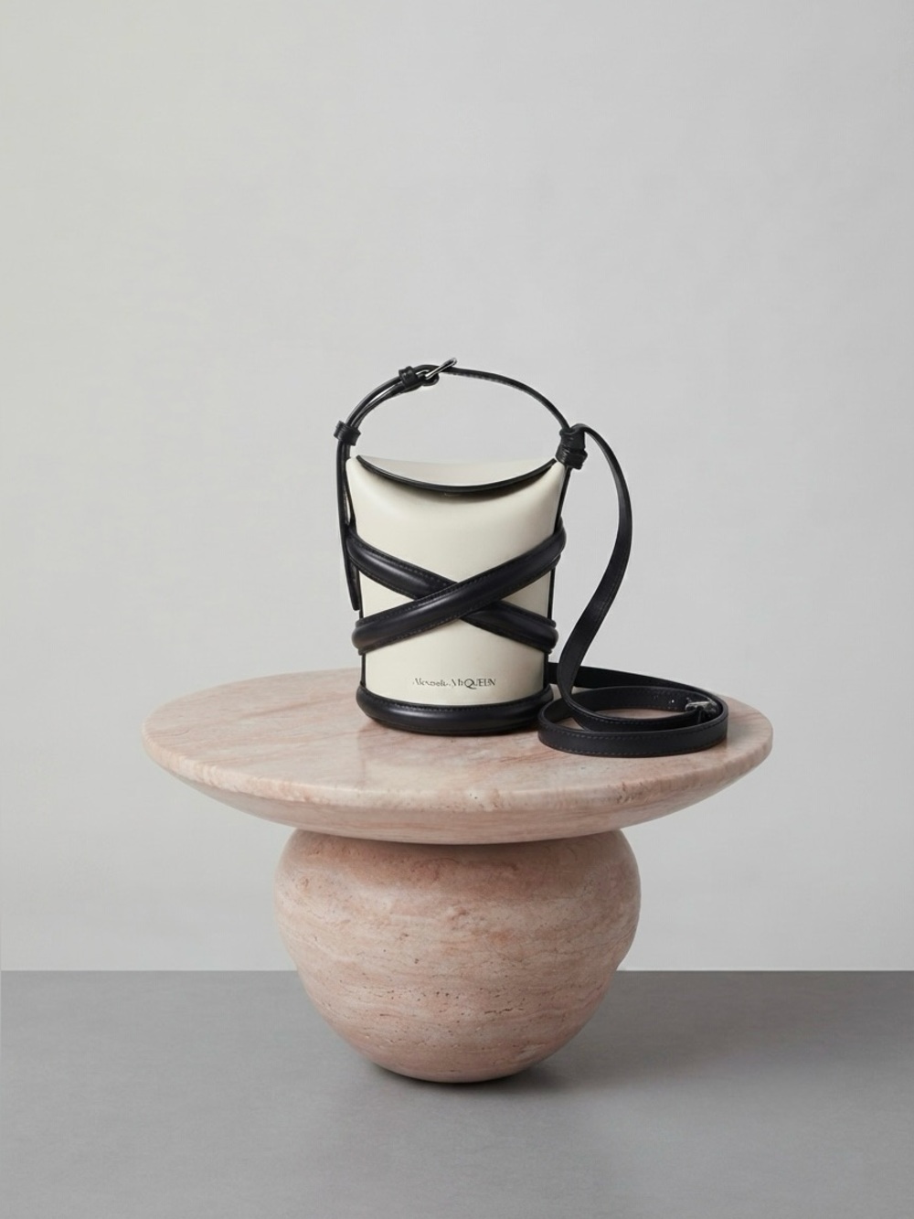 New Alexander McQueen Ivory and Black Leather Mini Crossbody Bucket Bag